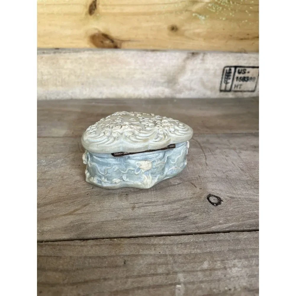 Vintage Genuine Incolay Blue Green Stone Heart Shape /Roses  Jewelry Trinket Box